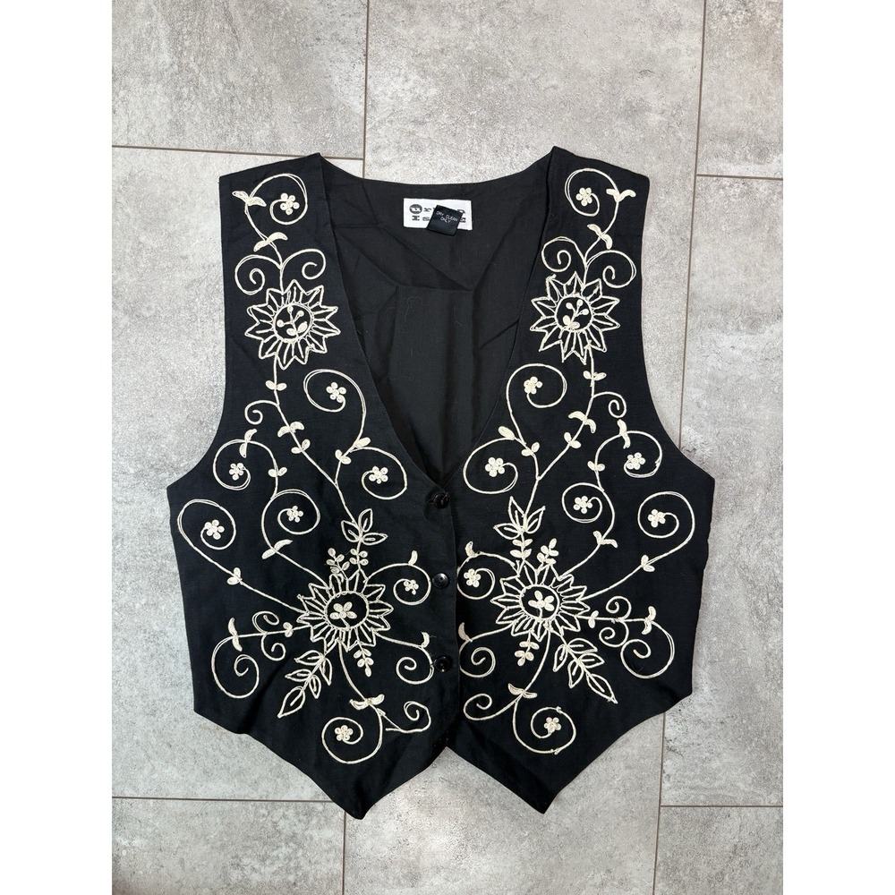 Urban Issue Large Black Embroidered Floral Vest Cotton Boho Western Cottagecore